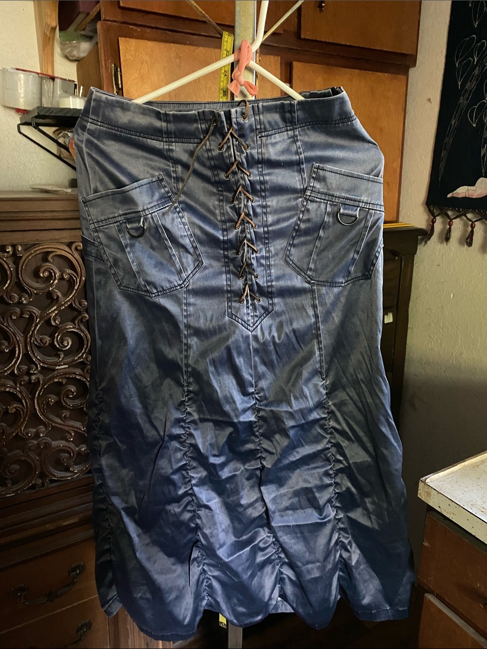 Lace-Up Denim-Style Maxi Skirt - Blue